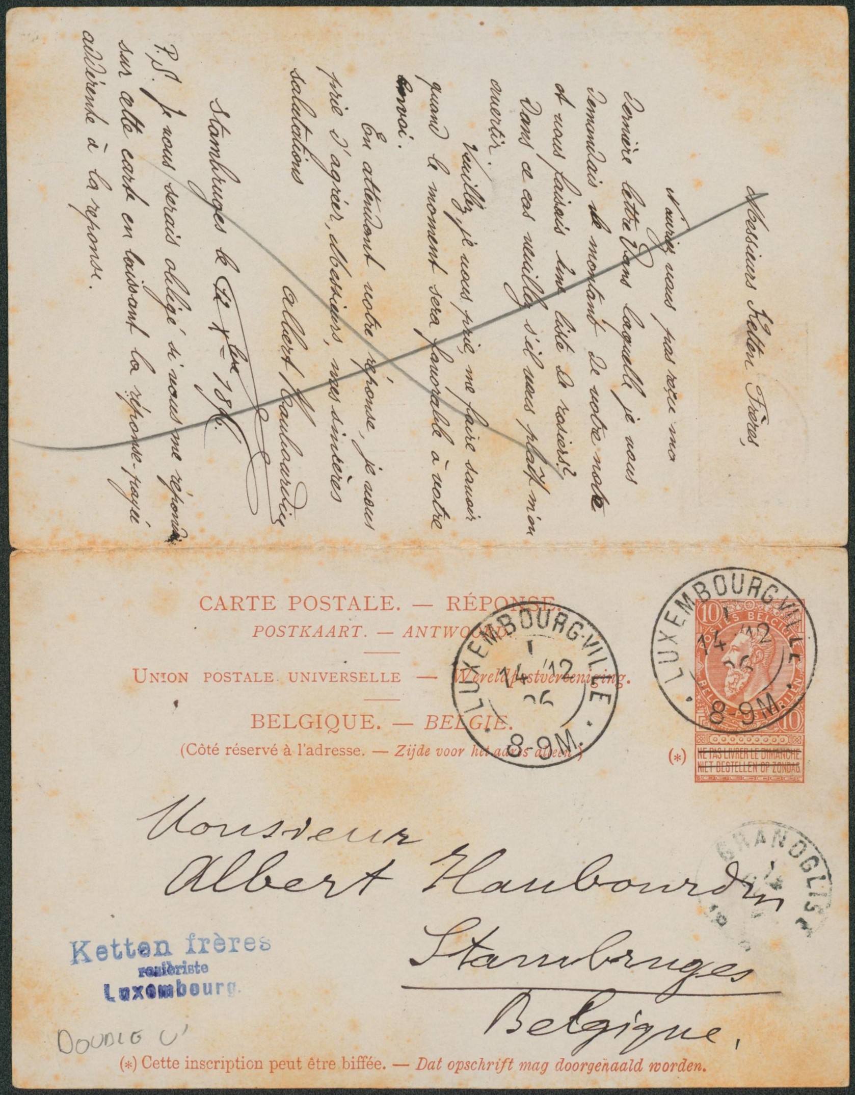 EP (double) au type 10ctm orange expédié de Stambruges > Luxembourg ville. + Réponse de Luxembourg-Ville > Stambruges. 