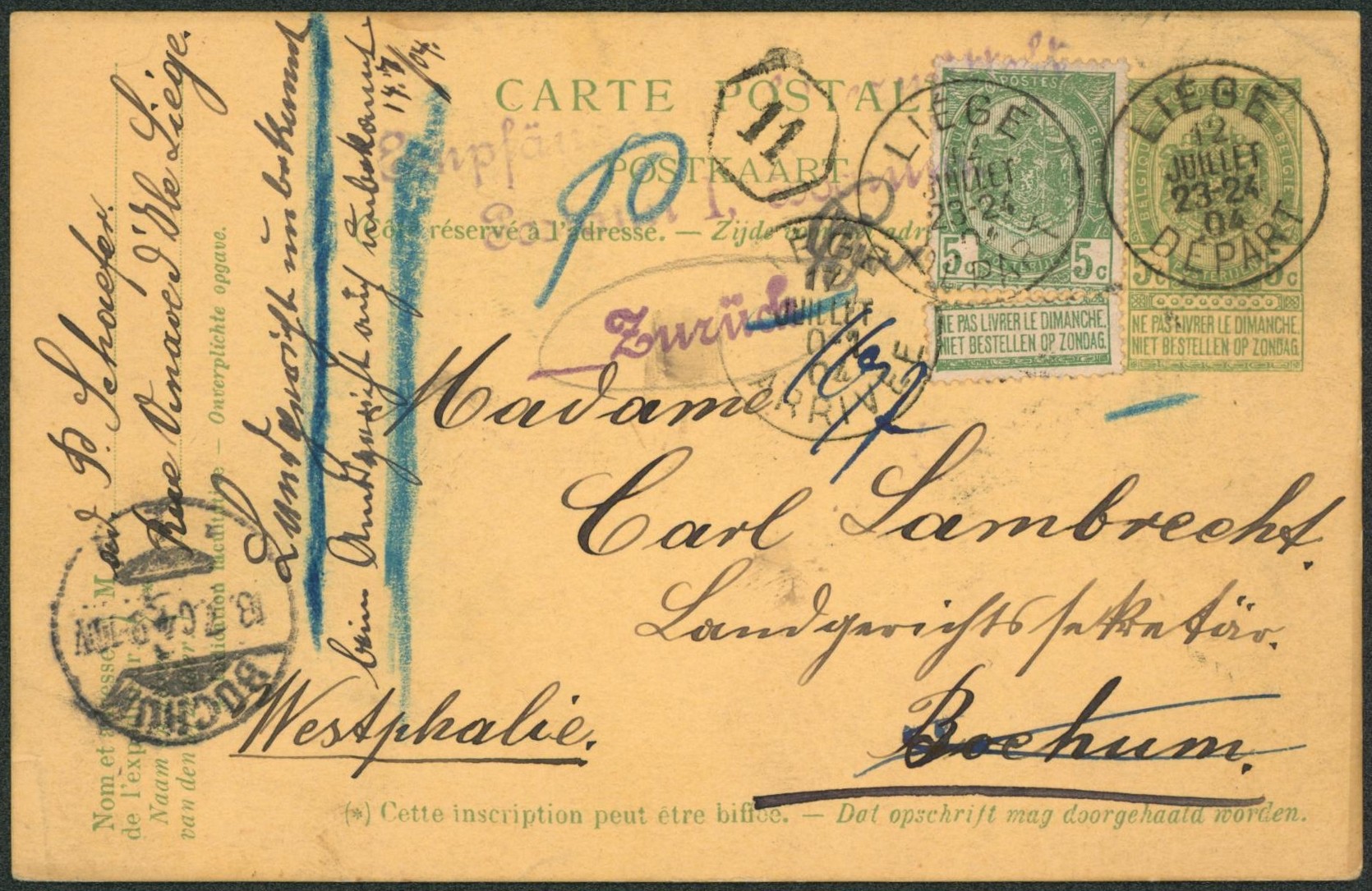 EP au type 5ctm vert + n°56 obl S.C. "Liège / Départ" > Westphalie / Zuruck. Retour"