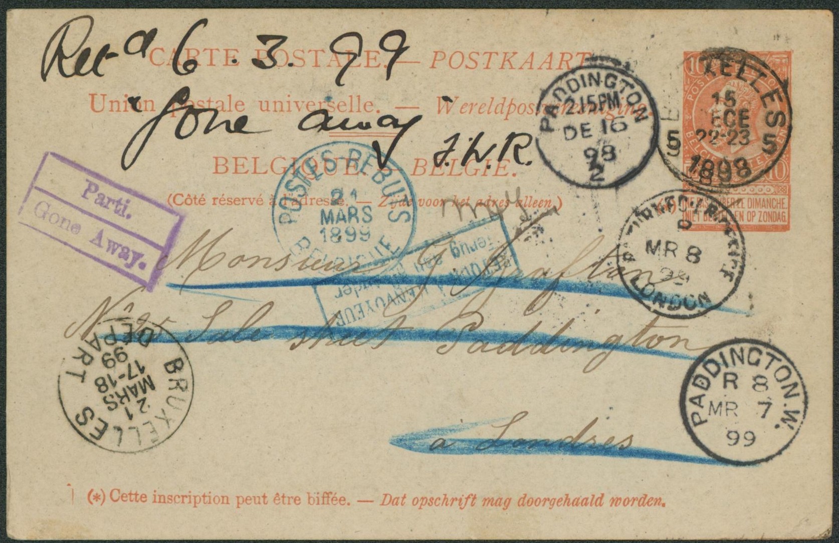 EP au type 10ctm orange obl S.C. "Bruxelles 5" > Londres. Encadré bilingue "Parti / Gone away", griffe bleu "Retour à l'envoyeur" accompagné du cachet éPostes-Rebuts / Belgique". TB "