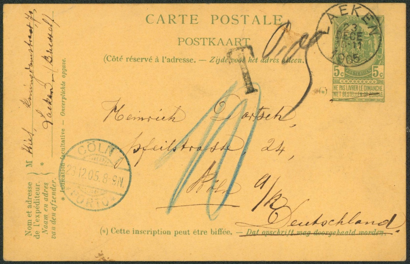 EP au type 5ctm vert obl simple cercle "Laeken" > Coln (Allemagne) / Taxé. "