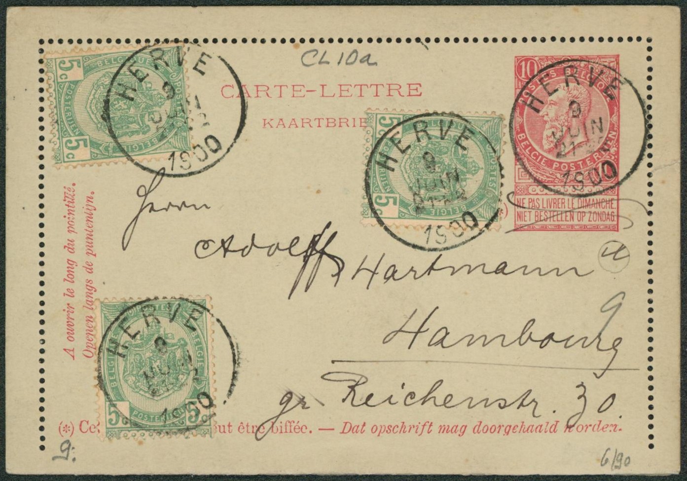 EP au type CL 10ctm rouge + n°56 x3 obl S.C. "Herve" > Hambourg (Allemagne)"