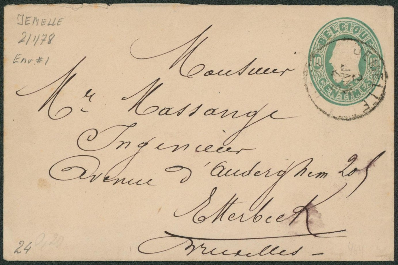 EP au type petite env. 10ctm vert obl simple cercle "Jemelle" > Etterbeek"