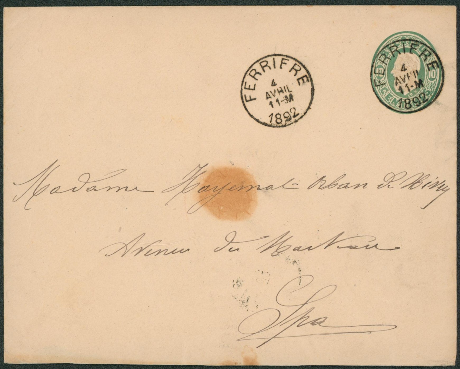 EP au type Env. 10ctm vert obl simple cercle "Ferrière" > Spa"