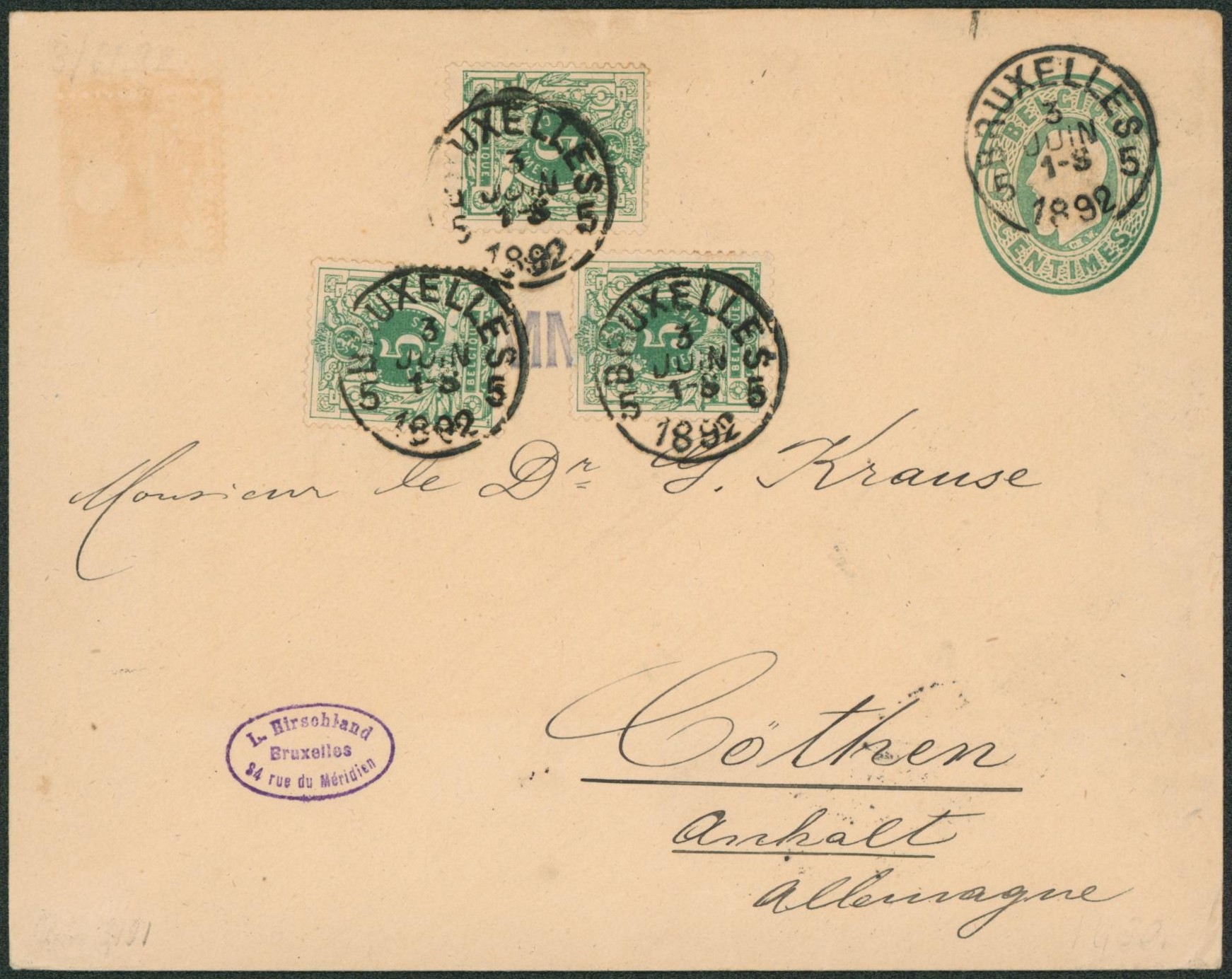 EP au type Env. 10ctm vert + n°45 x3 expédié de Bruxelles 5 > Cothem (Allemagne). 