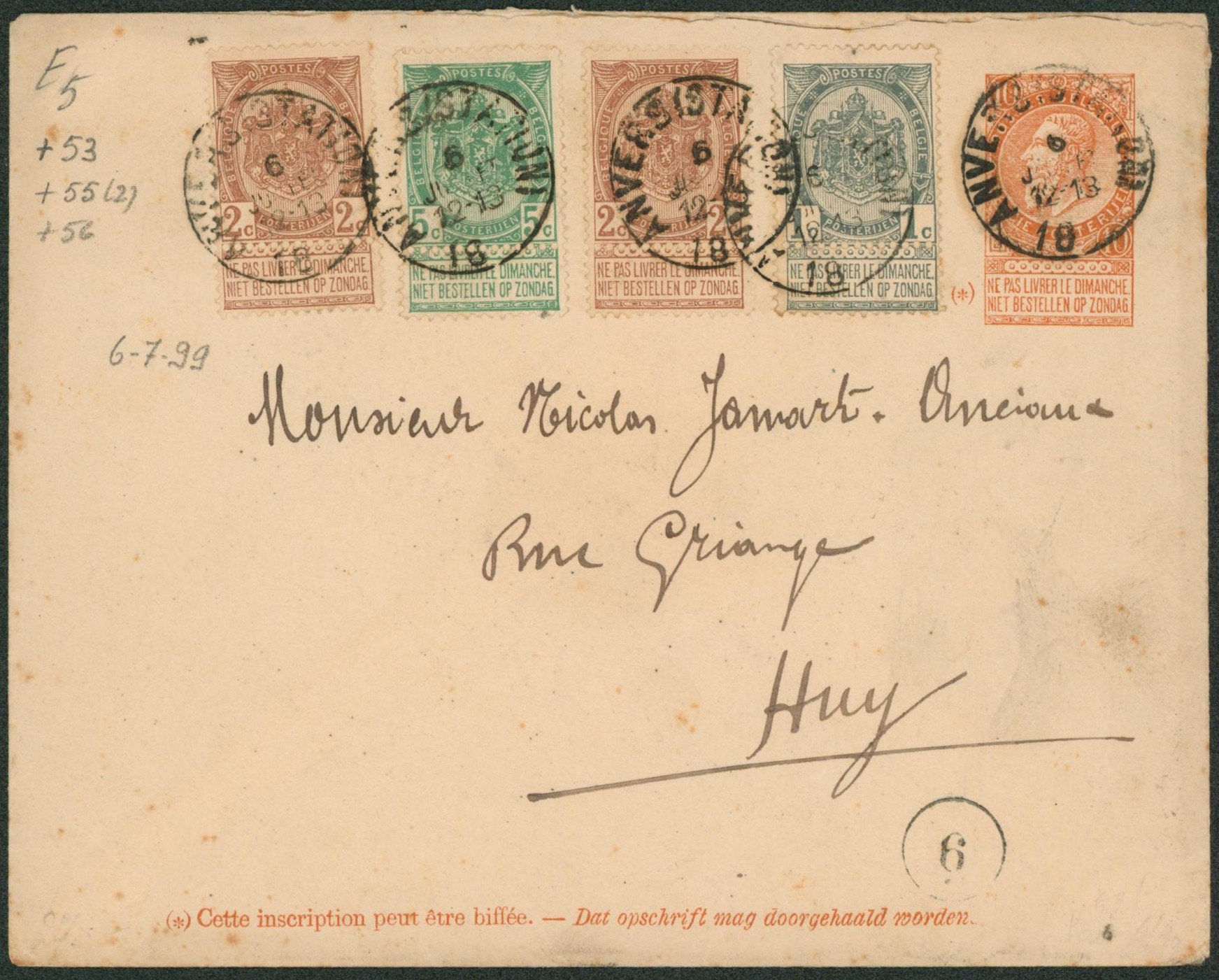 EP au type Env. 10ctm orange + n°53, 55 x2 et 56 expédié de Anvers (station) > Huy 