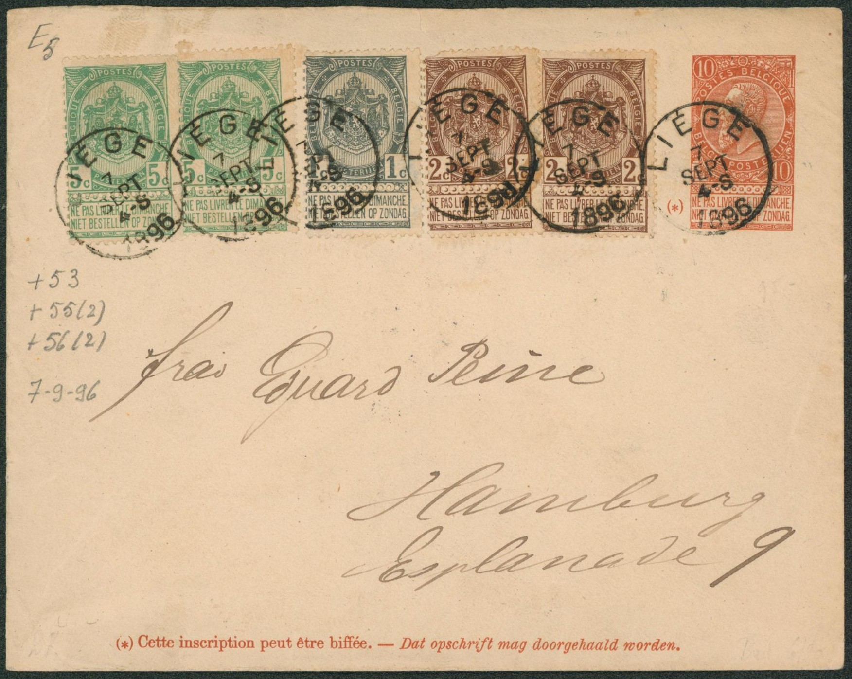 EP au type Env. 10ctm orange + n°53, 55 x2 et 56 x2 expédié de Liège > Hamburg (Allemagne). 