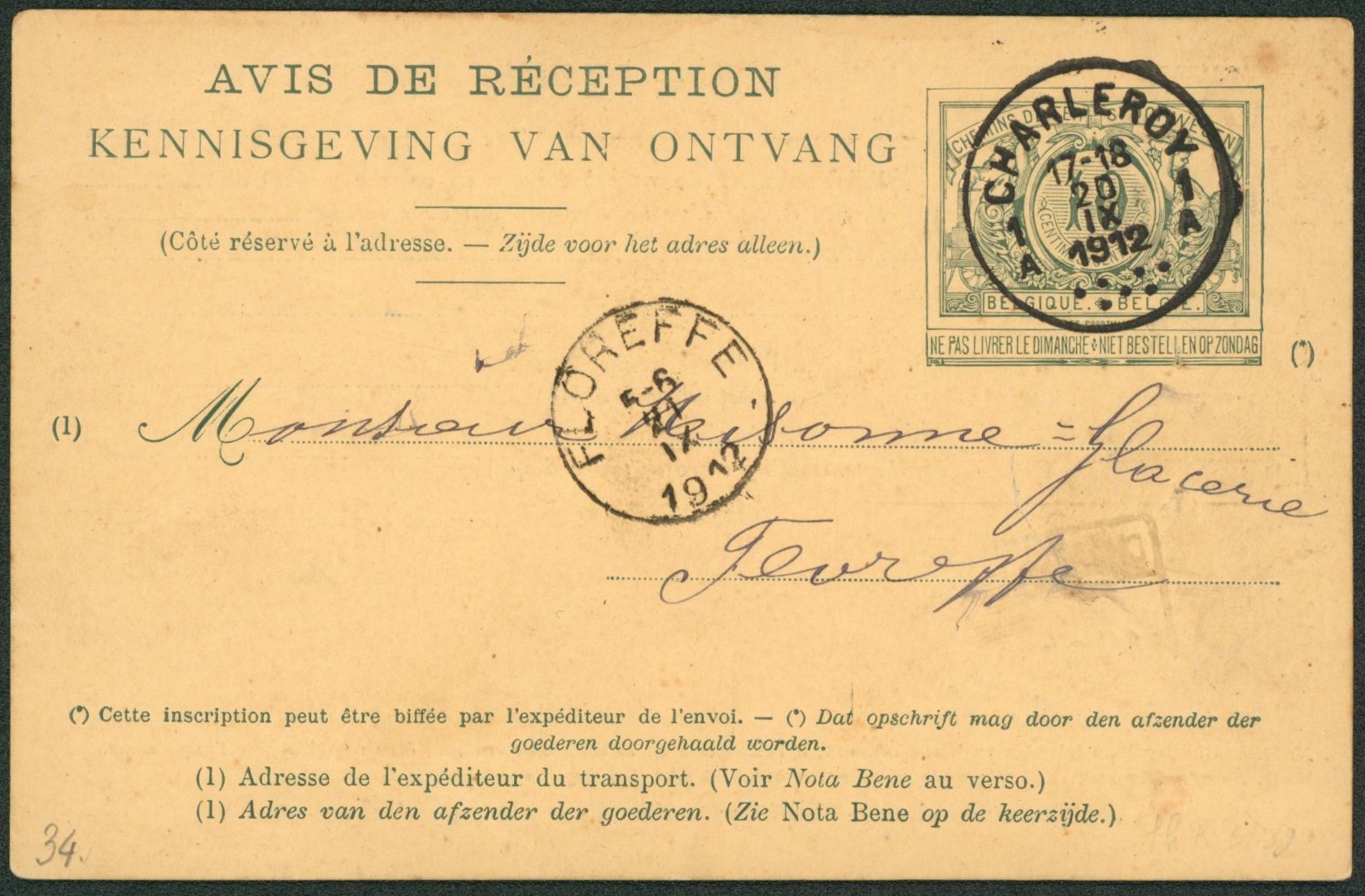 EP au type Avis de réception 10ctm vert CDF expédié de Charleroy > Floreffe. 