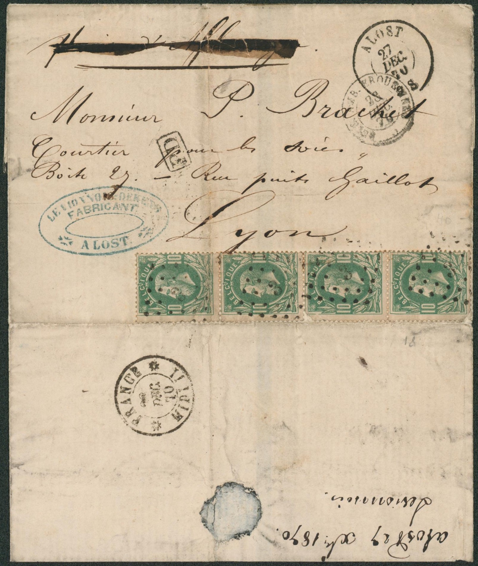 n°30 x4 sur LSC obl Pt 3 çàd Alost (1870) > Lyon (France) + Passage "France / Midi II""