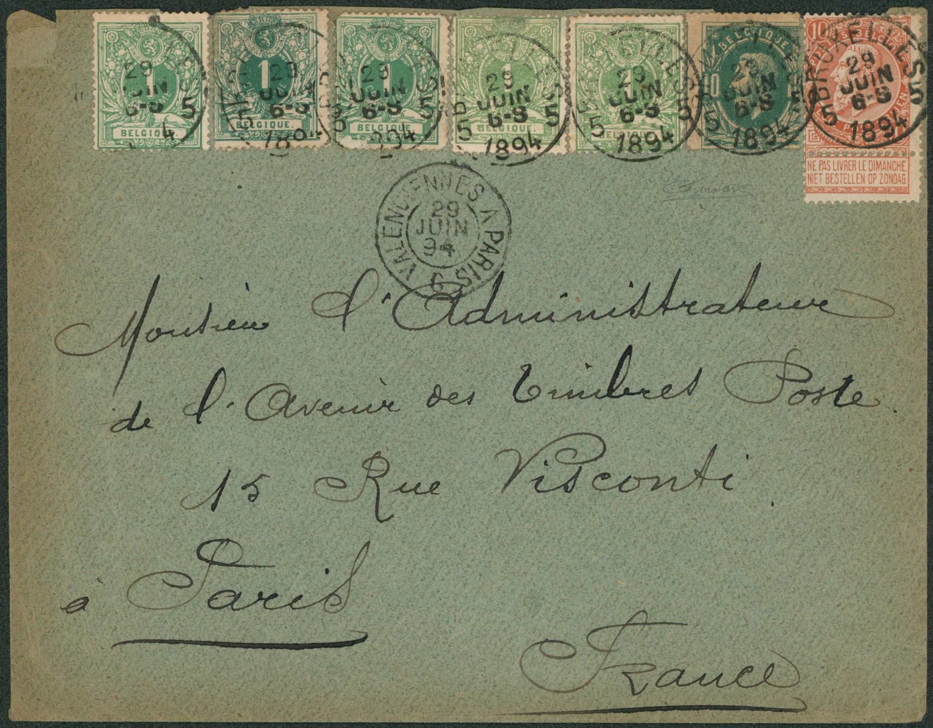 n°26 x5, 30 et 57 sur lettre expédié de Bruxelles > Paris 