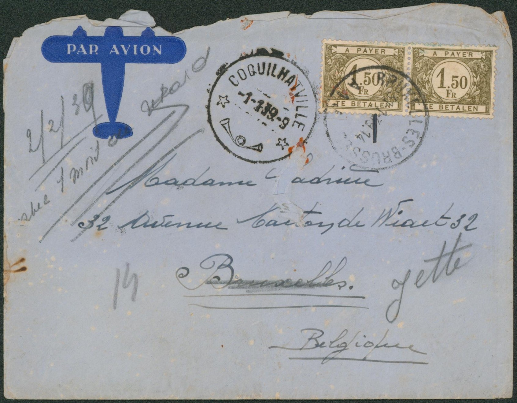 Lettre non affranchie expédiée de Coquilathville > Bruxelles, taxé à 3Frs.