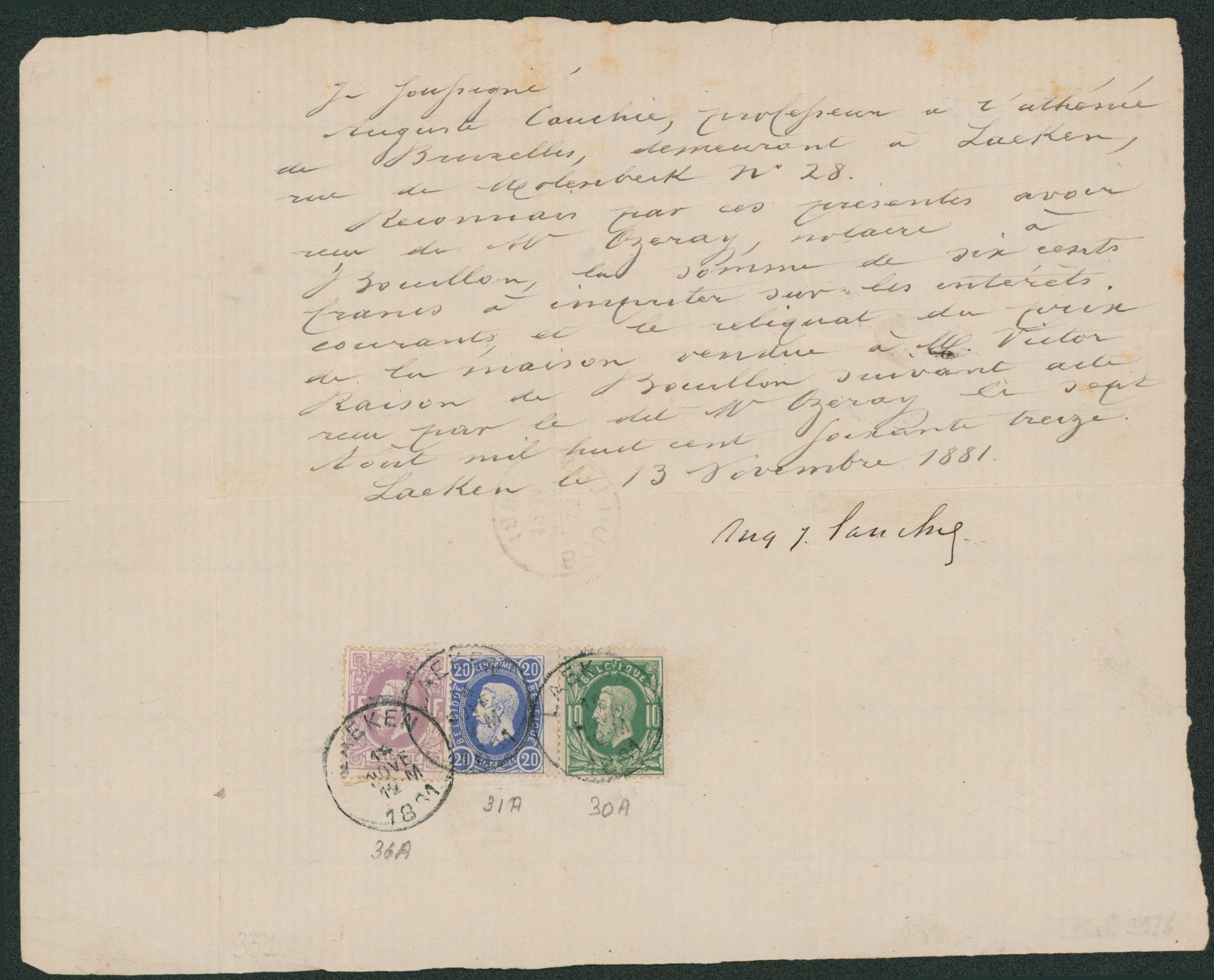 Affranch. Tricolore soit 30A, 31A et 36A sur reçu manuscrit (La somme de 600Frs, Laeken, 1881) > Bouillon. 