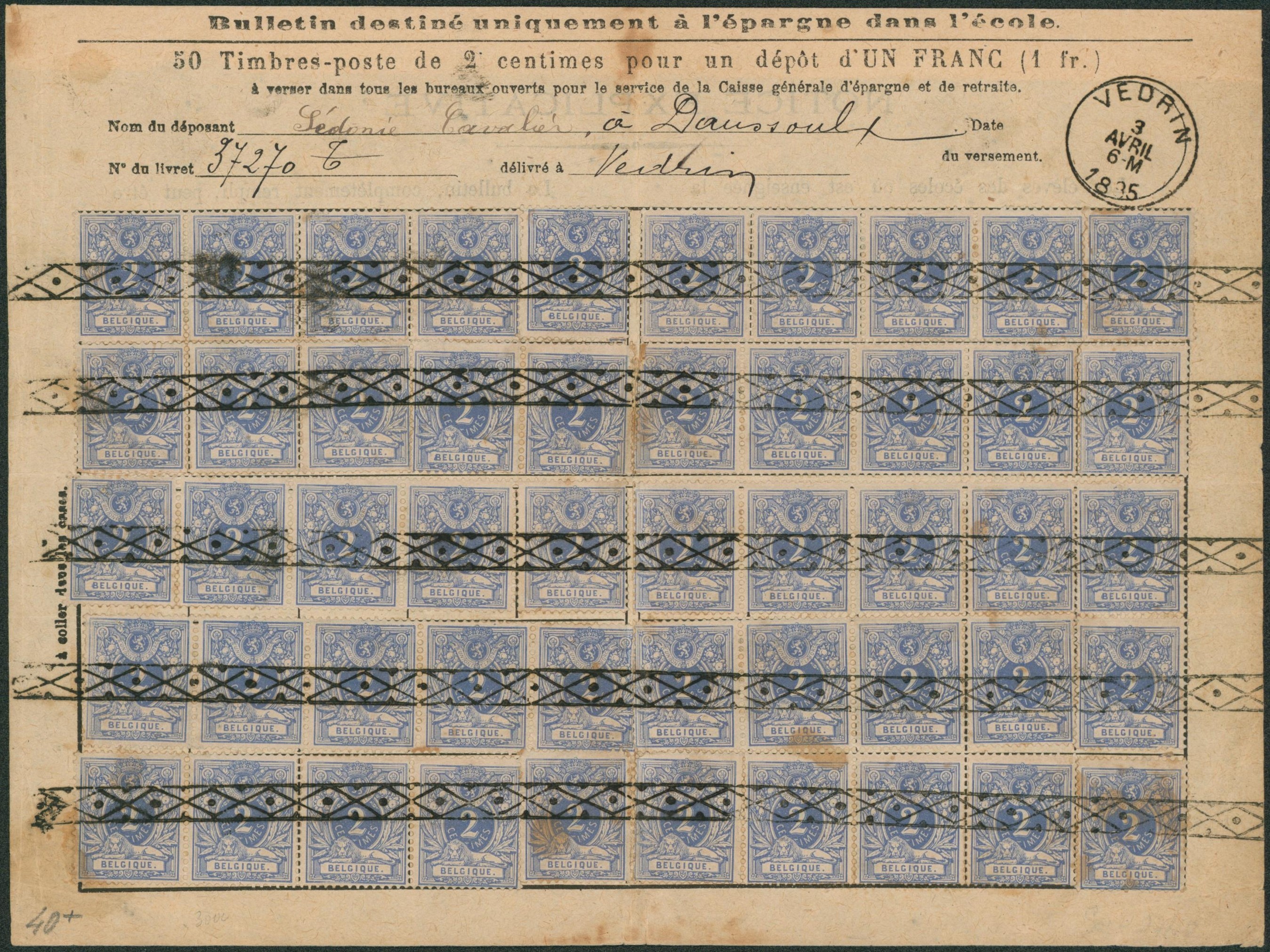 n°27 x 40 sur bulletin d'épargne scolaire annulé à la roulette + obl S.C. "Vedrin". TB "