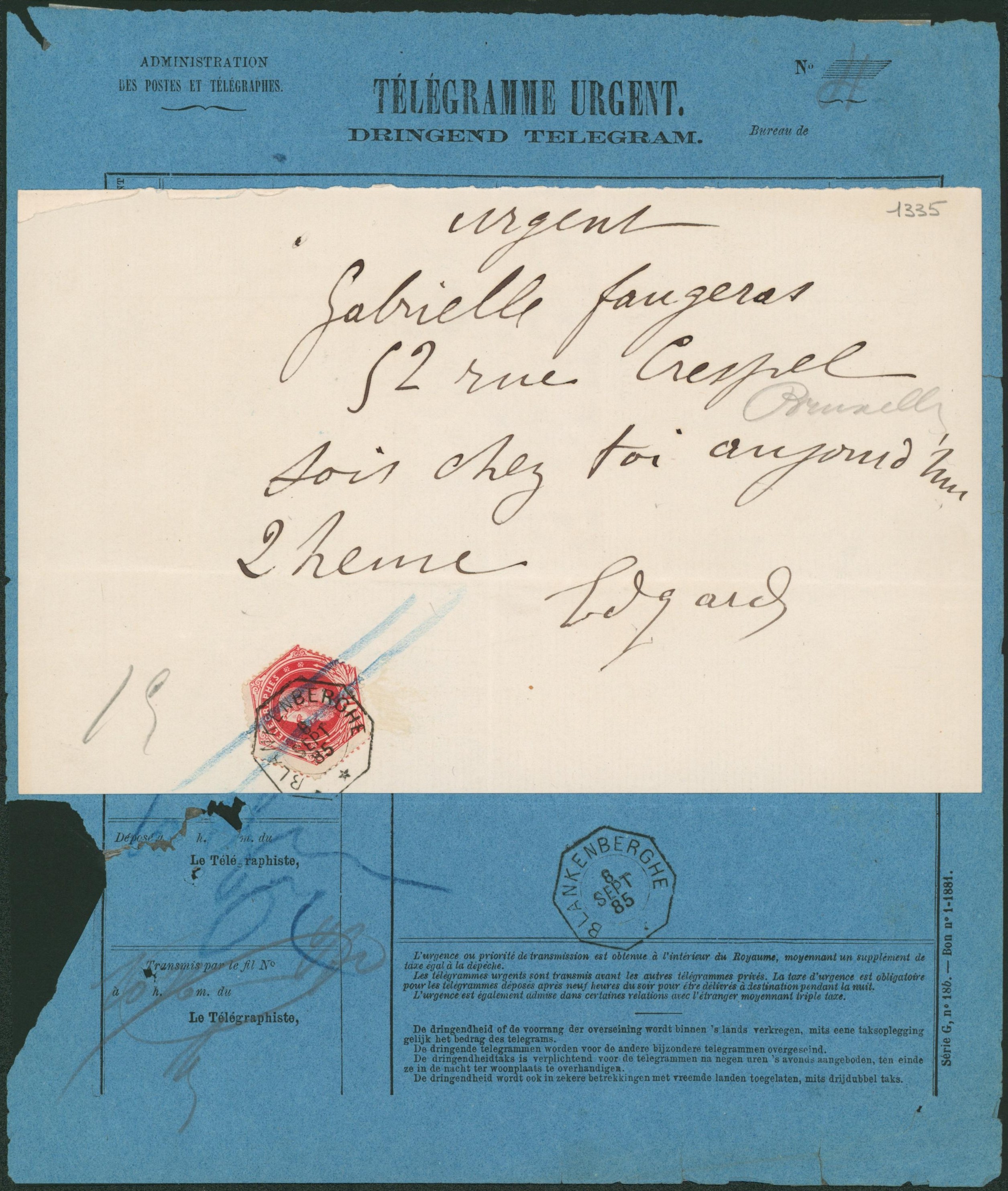 Administration des postes et télégraphes "Télégramme Urgent / Dringend telegram" + TG6 obl télégraphique "Blanckenberghe" > Bruxelles. Superbe et rare ! "