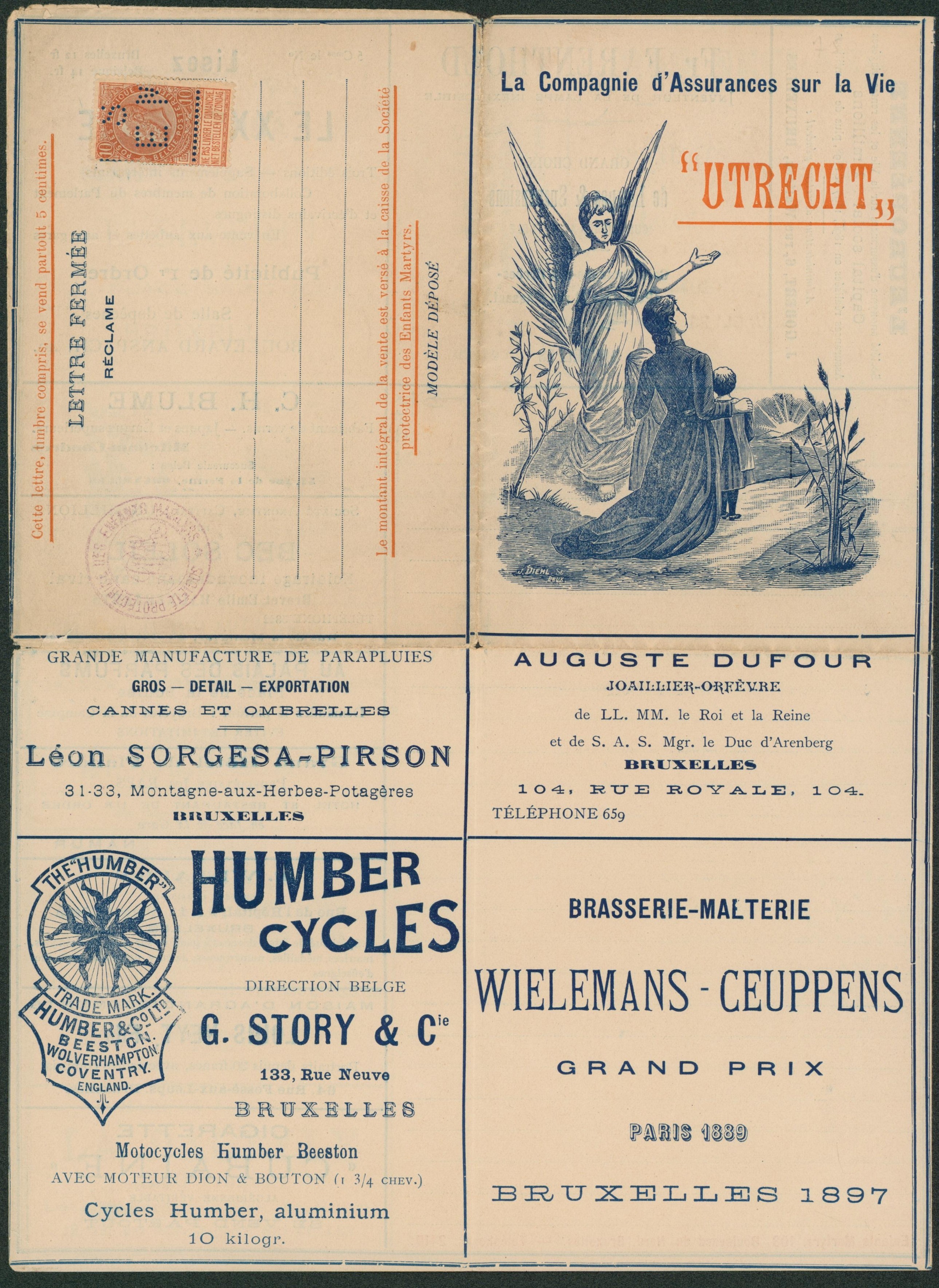 Lettre fermée (réclame) + n°57 perforé (société protectrice des enfants) neuve. Nombreuses PUBS ! Superbe état ! RRR    Manufactures de parapluies, Brasserie WIELEMANS CEUPPENS, Humber cycles (vélo), thé et café, orfèvrerie, distillerie, ?.