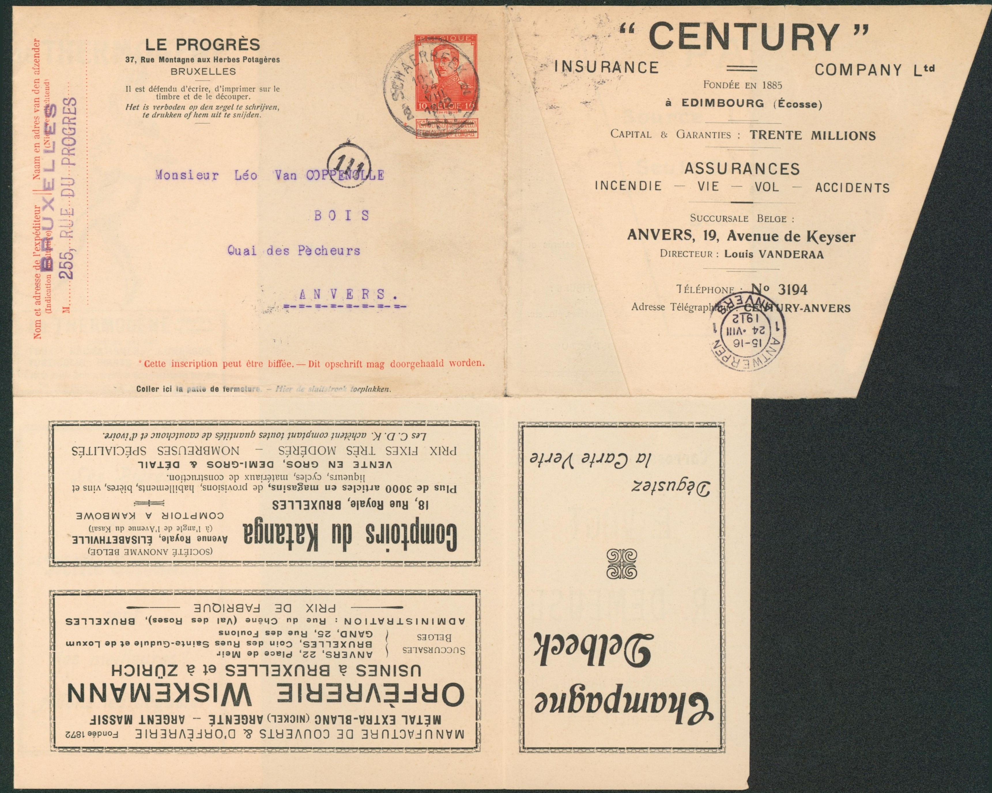 EP au type Enveloppe réclame 10ctm rouge Pellens "Le progrès" + publicité à l'intérieur (Duval apéritif, champagne delbeck, orfèvrerie,?) . Expédié de Schaerbeek > Anvers. "