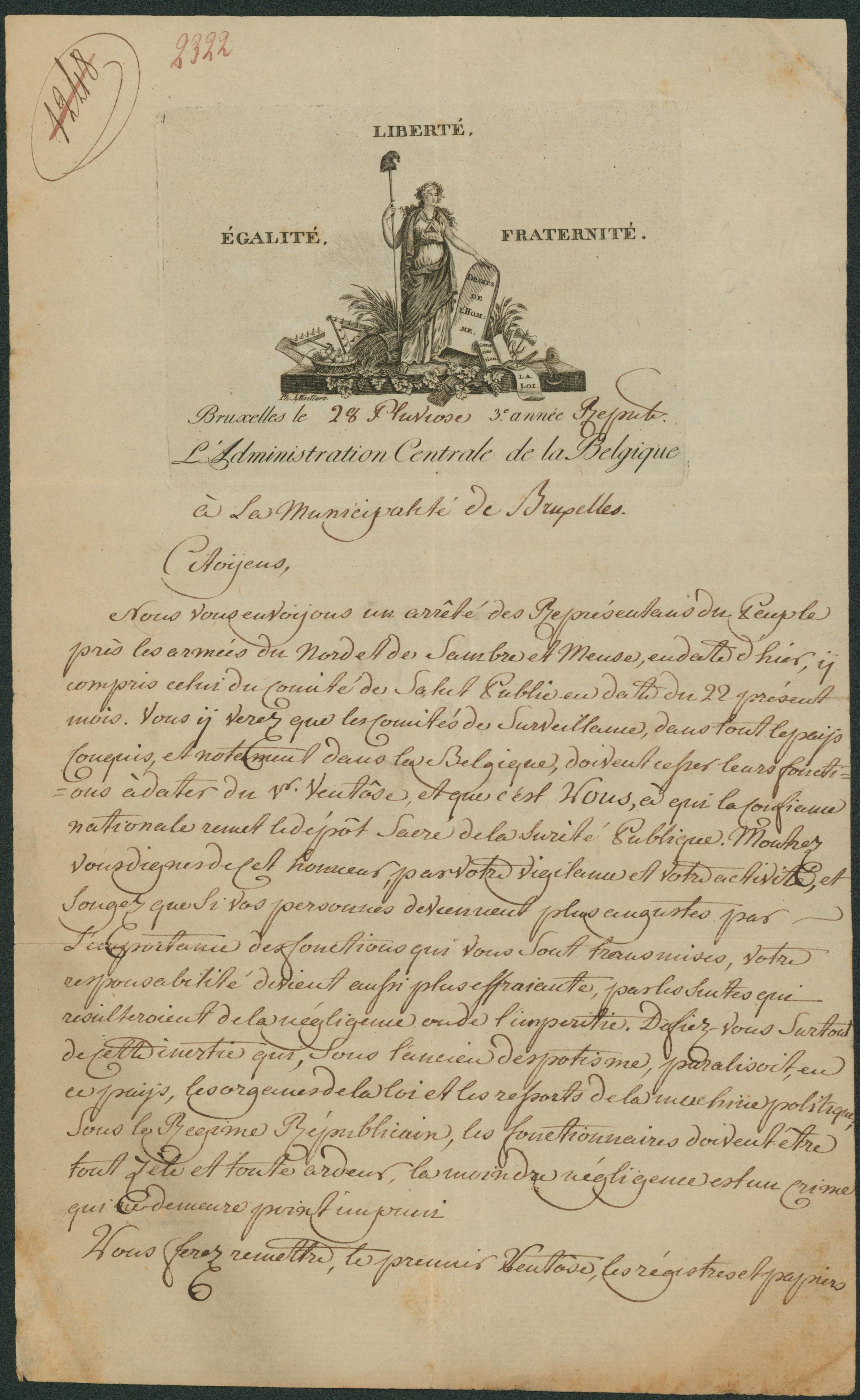 Lettre manuscrite de L'administration centrale de la Belgique (Bruxelles, 28 pluviose 3e année) Liberté égalité fraternité. Texte 