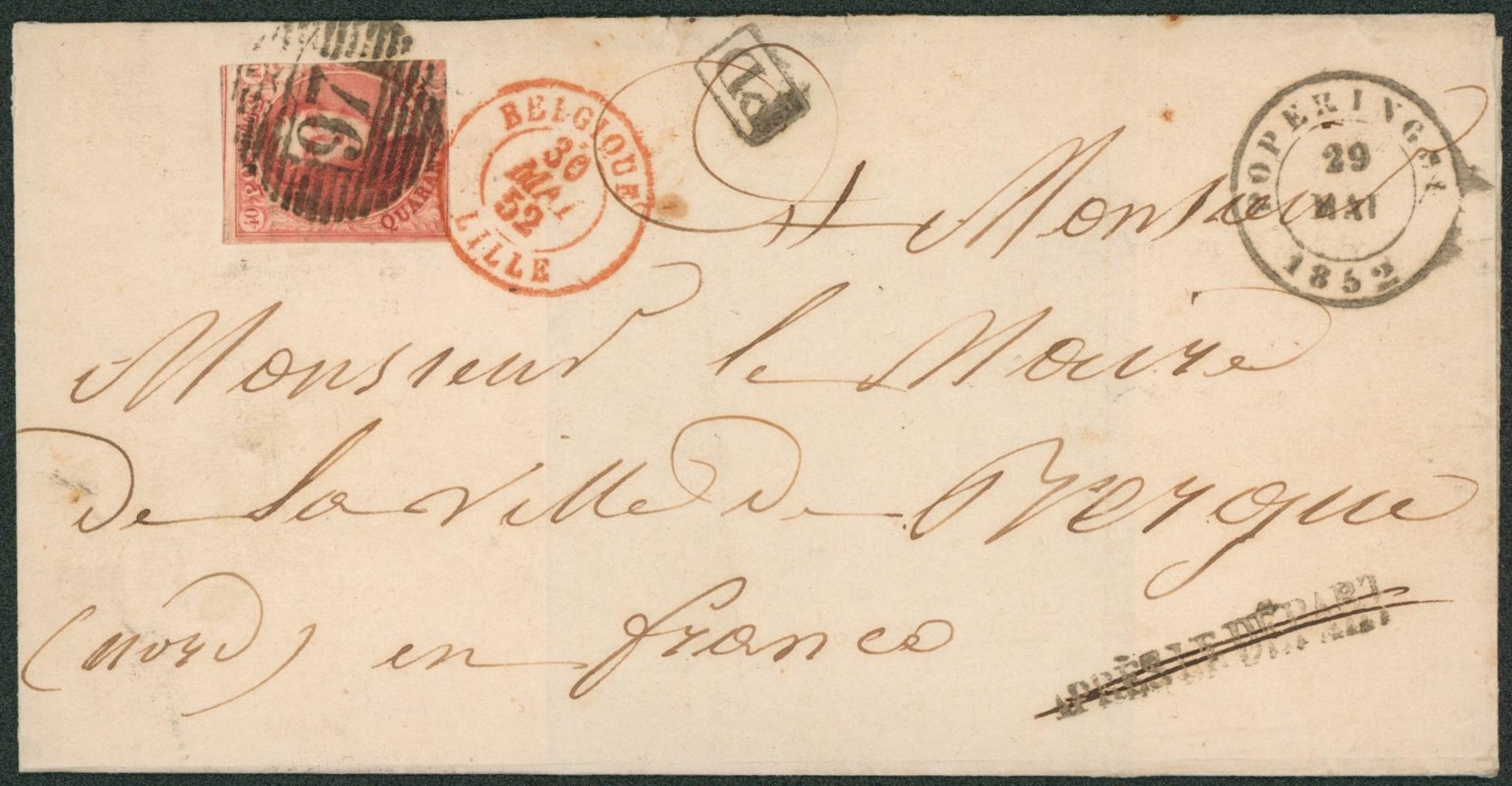 n°5 touché sur LSC obl P97 çàd Poperinghe (belle frappe) + griffe APRES LE DEPART biffé > Bergue (France).