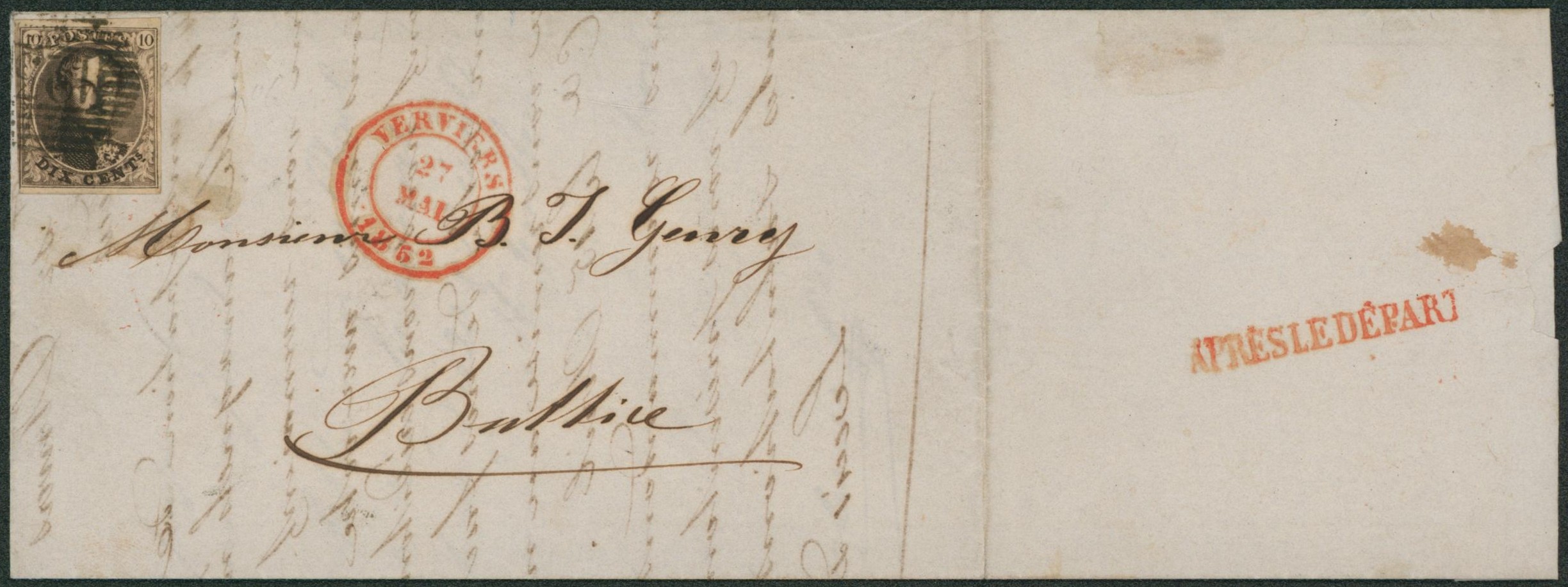 n°6 bien margé sur LAC obl P123 çàd Verviers > Battice + griffe APRES LE DEPART (verso). TB