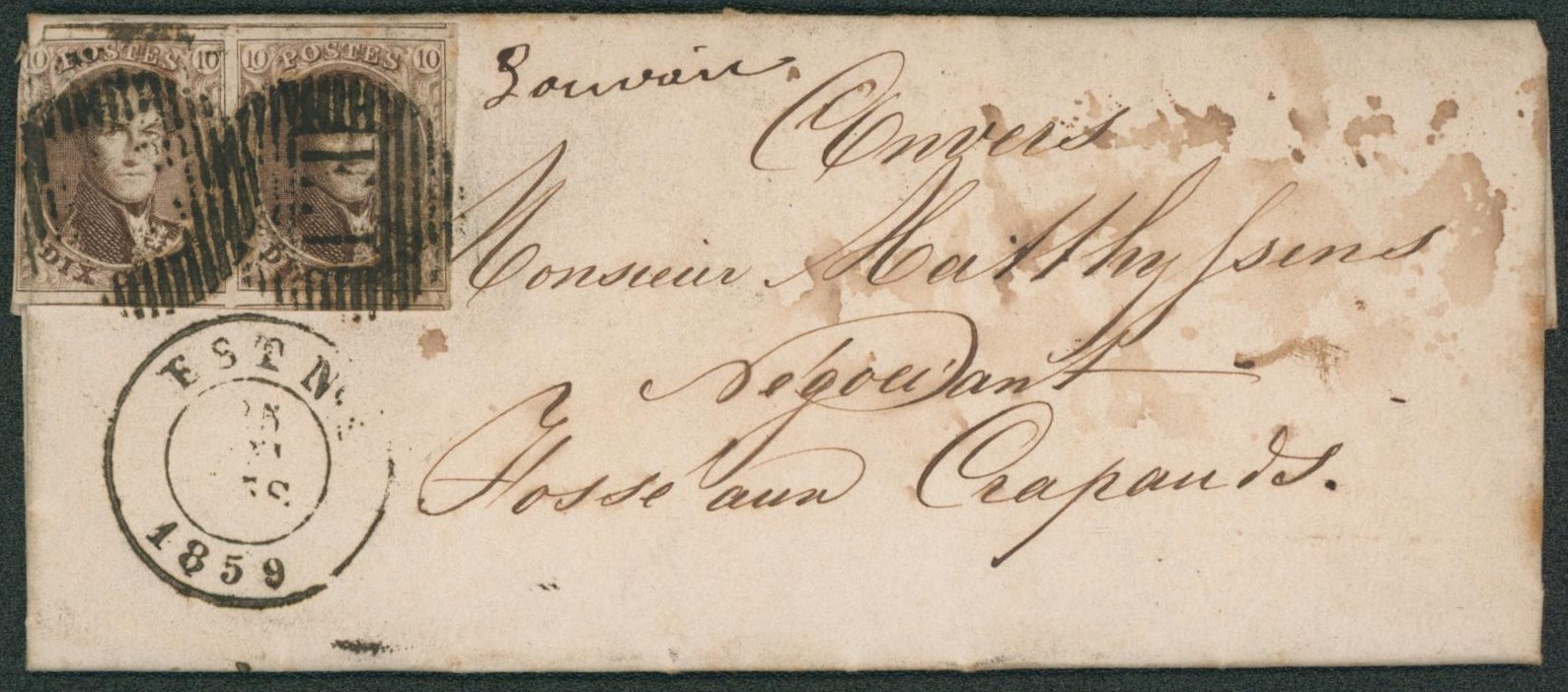 n°10A en paire (bord gauche replié sur la lettre) sur LAC obl ambulant E. II (Est n°2) + griffe manuscrite LOUVAIN > Anvers.