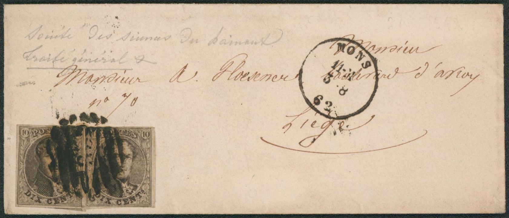 n°10 x2 sur enveloppe obl anormale P83 çàd Mons > Liège.