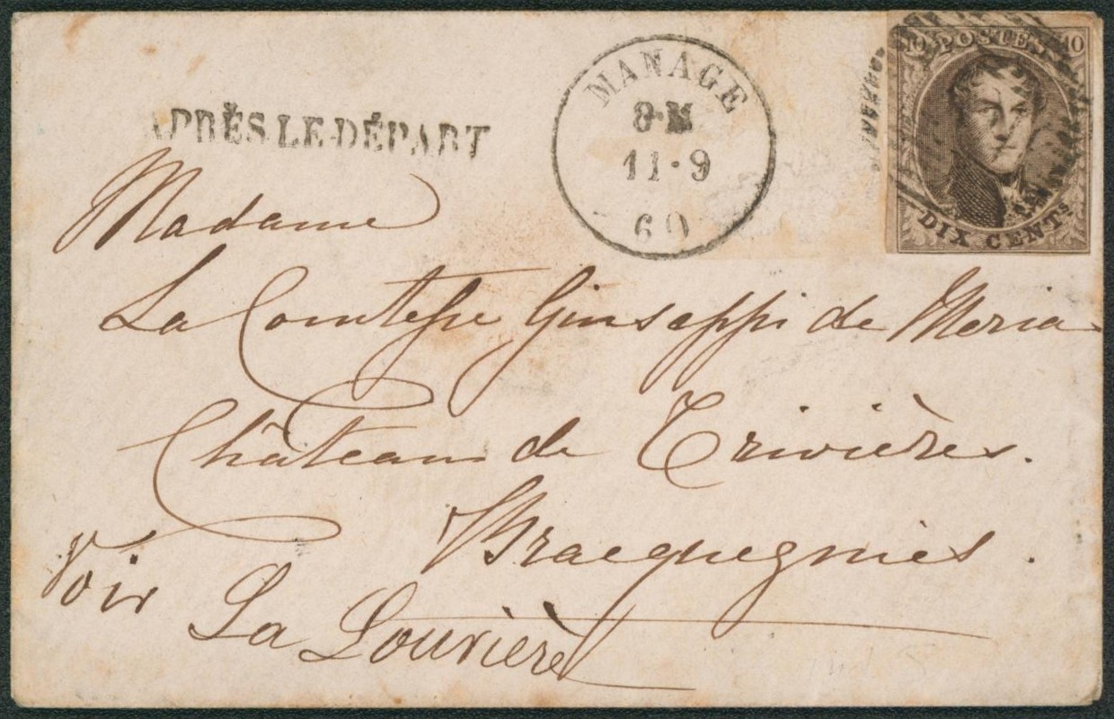 n°10A (timbre repositionné sur la lettre avant son annulation au bureau de poste) obl P107 çàd Manage + griffe APRES LE DEPART (noir) > Château de trivières (Bracquegnies) + Manusc. "Voir La Louvière". Verso cachet "Ambulant du Midi n°1" + double cachet de distribution çàd "Bracquegnies" & "Obourg". Superbe !