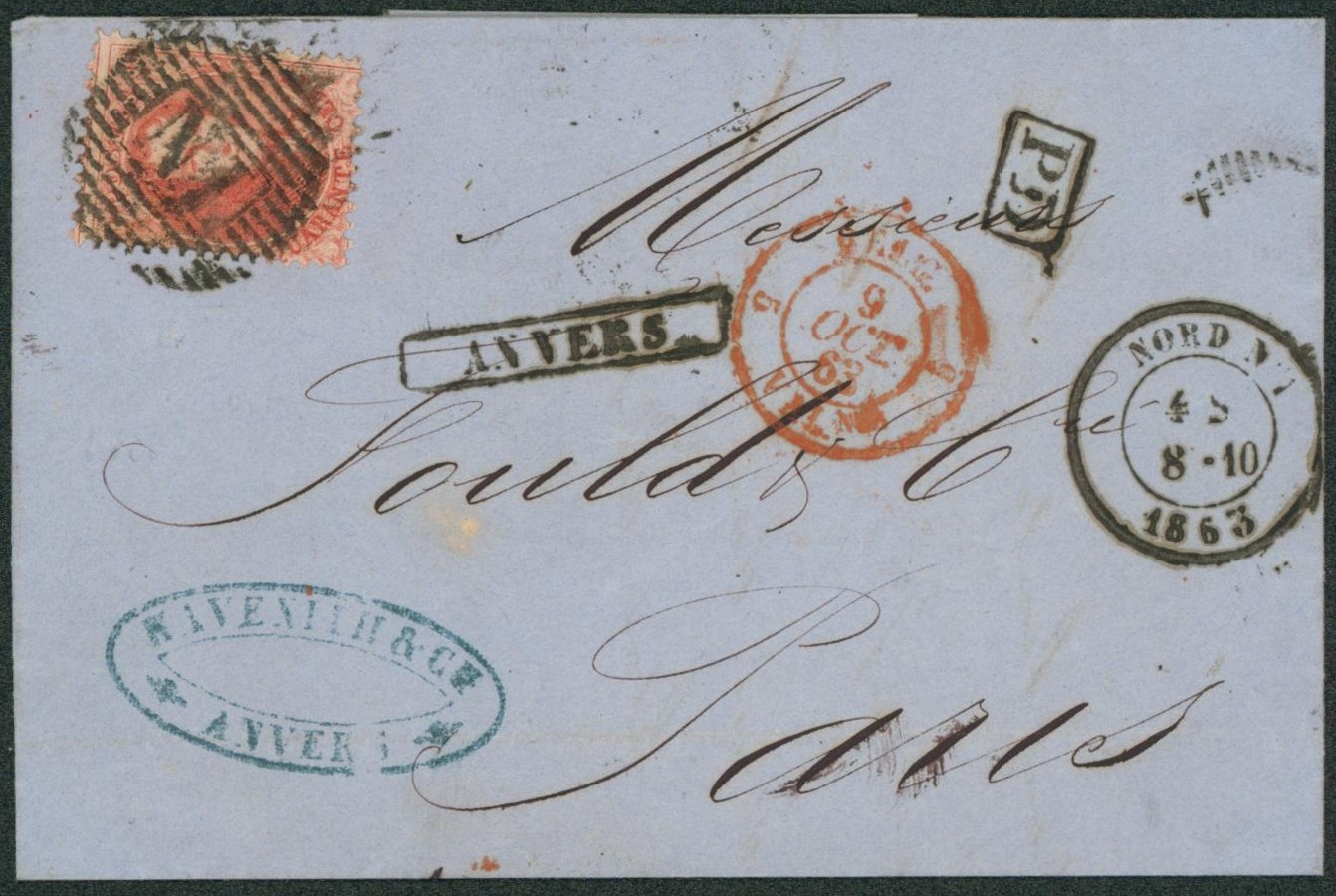 n°16 sur LAC obl ambulant N.I çàd Nord n°1 + griffe encadrée ANVERS > Paris + passage "France par Midi 1"