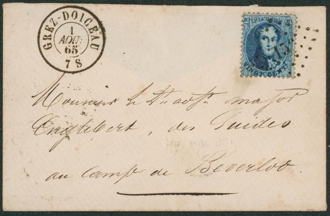 n°15 sur enveloppe obl Pt 156 (LP 156) Grez-Doiceau > Camp de Beverloo / patte arrière manquante.