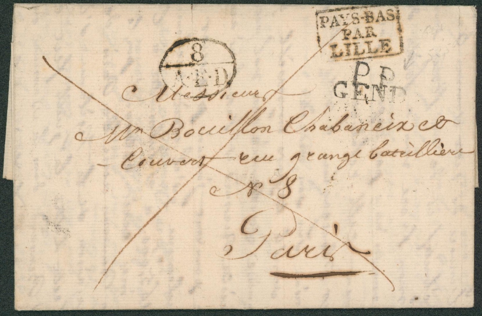 LAC datée de Gand (1828) + griffe noir PP et obl linéaire GEND > Paris + passage "Pays-Bas par Lille" + oval "8 / A.E.D." (Taxe, affranch. Étranger)