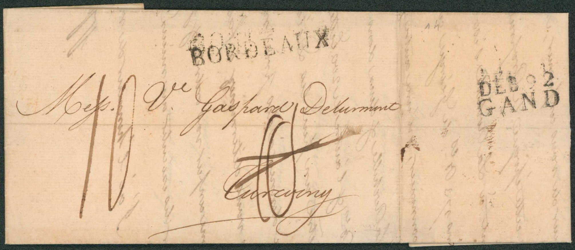 LAC datée de Bordeaux (1813) + obl linéaire BORDEAUX, port rectifié > Tavigny. Verso DEB.92 / GAND (déboursé).
