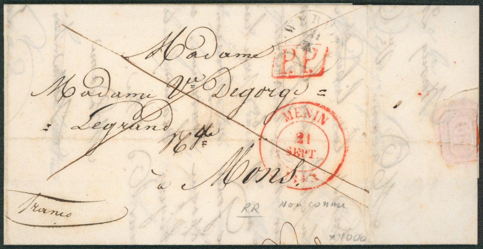 LAC franco + cachet dateur "Menin" et T18 "Wervicq" (Belle combinaison) > Mons.