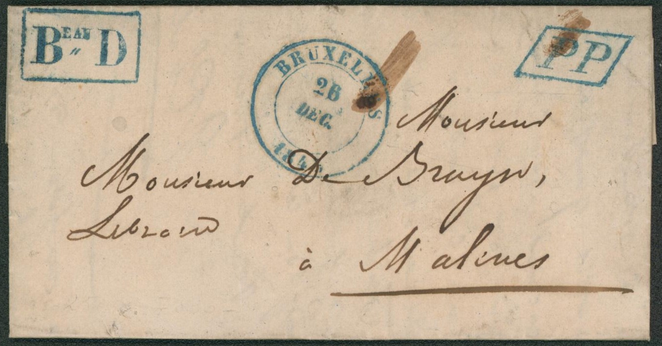 LAC + cachet dateur de Bruxelles (1845) en PP + Bureau secondaire Beau D > Malines. Superbe !