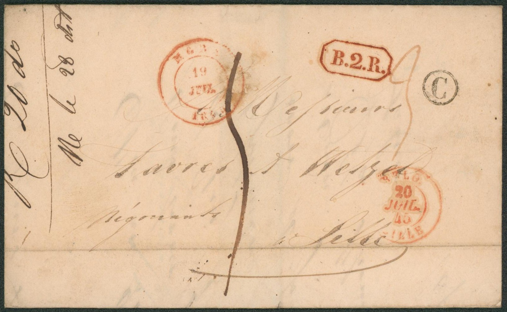 LAC + cachet dateur de Mons (1845) + boite rurale "C" (Jemappe) et marque de rayon "B.2.R." > Lille