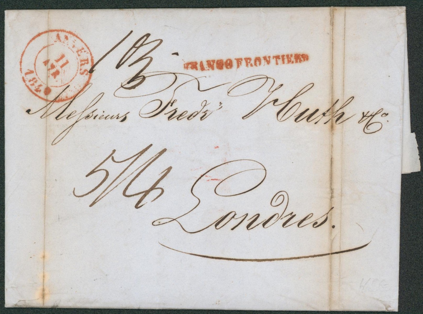 LAC datée de Anvers + cachet dateur et griffe rouge FRANCO FRONTIERE > Londres.  Arrivée le 13/04