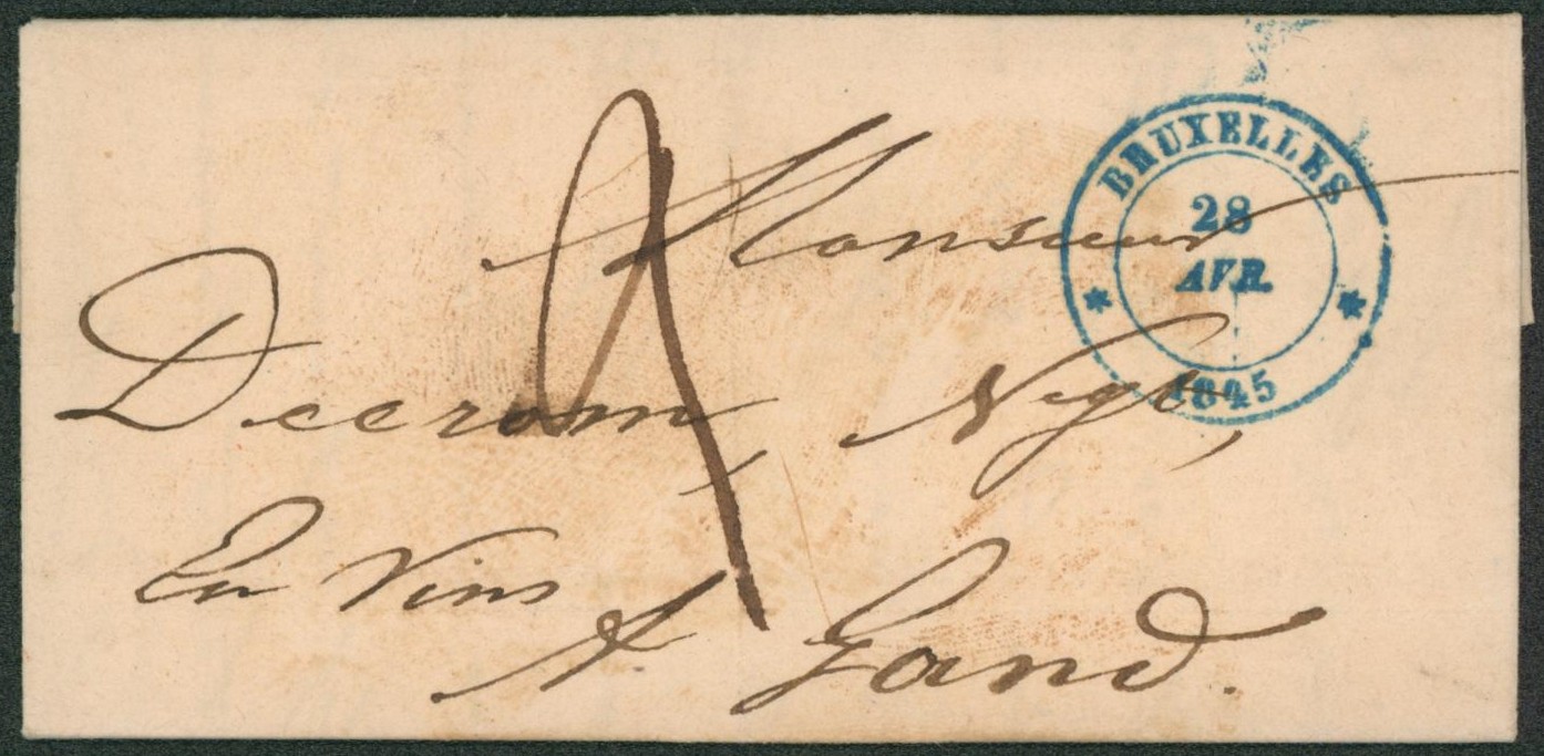 LAC + cachet dateur à étoiles "Bruxelles" (1845), port 3 > Négociant en vins à Gand + n° de vacation "5"