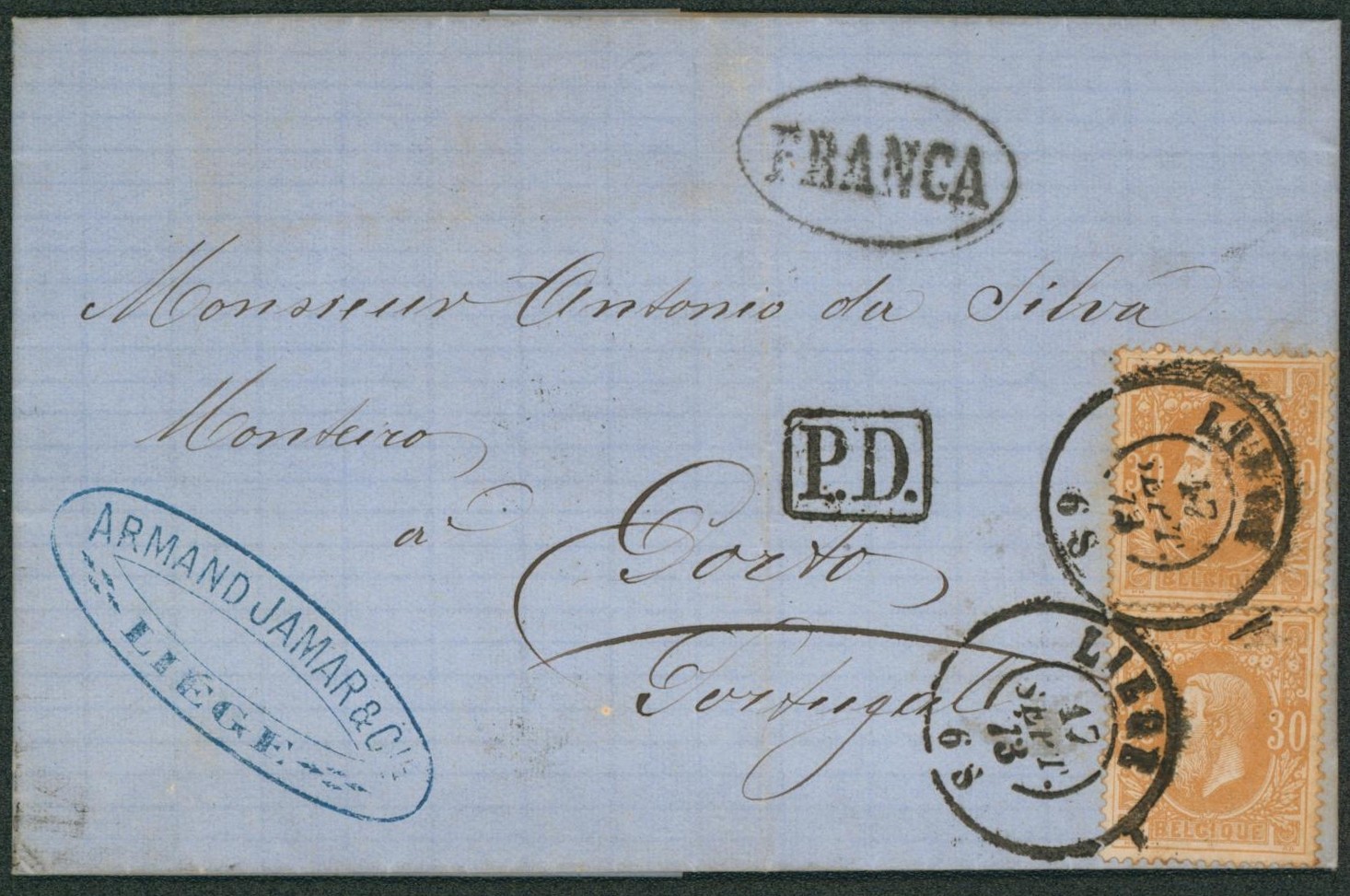 n°33 x2 sur LAC (armurerie) obl double cercle "Liège" + cachet oval FRANCA > Porto (Portugal) via ambulant "Portugal / Midi II"