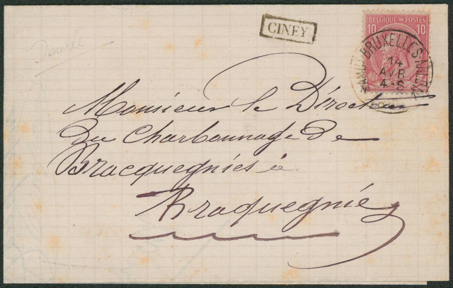 n°46 sur LAC obl ambulant "n° Ambt-Bruxelles-Arlon 1" + griffe encadrée CINEY > Bracquegnies.