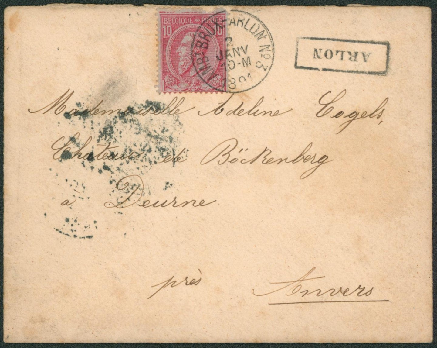 n°46 sur lettre obl ambulant "Ambt-Brux.-Arlon n°3" + griffe encadrée ARLON > Deurne