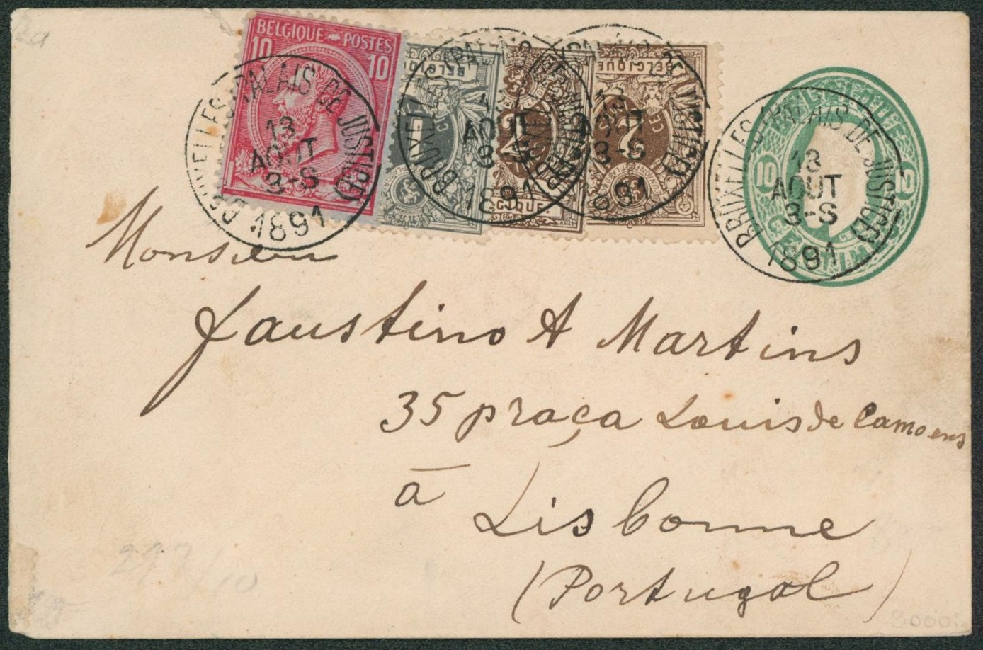 EP au type petite env. 10ctm vert + n°43, 44 x2 et 46 (tous superposé légèrement) expédié de Bruxelles (Palais de justice) > Lisbonne (Portugal).