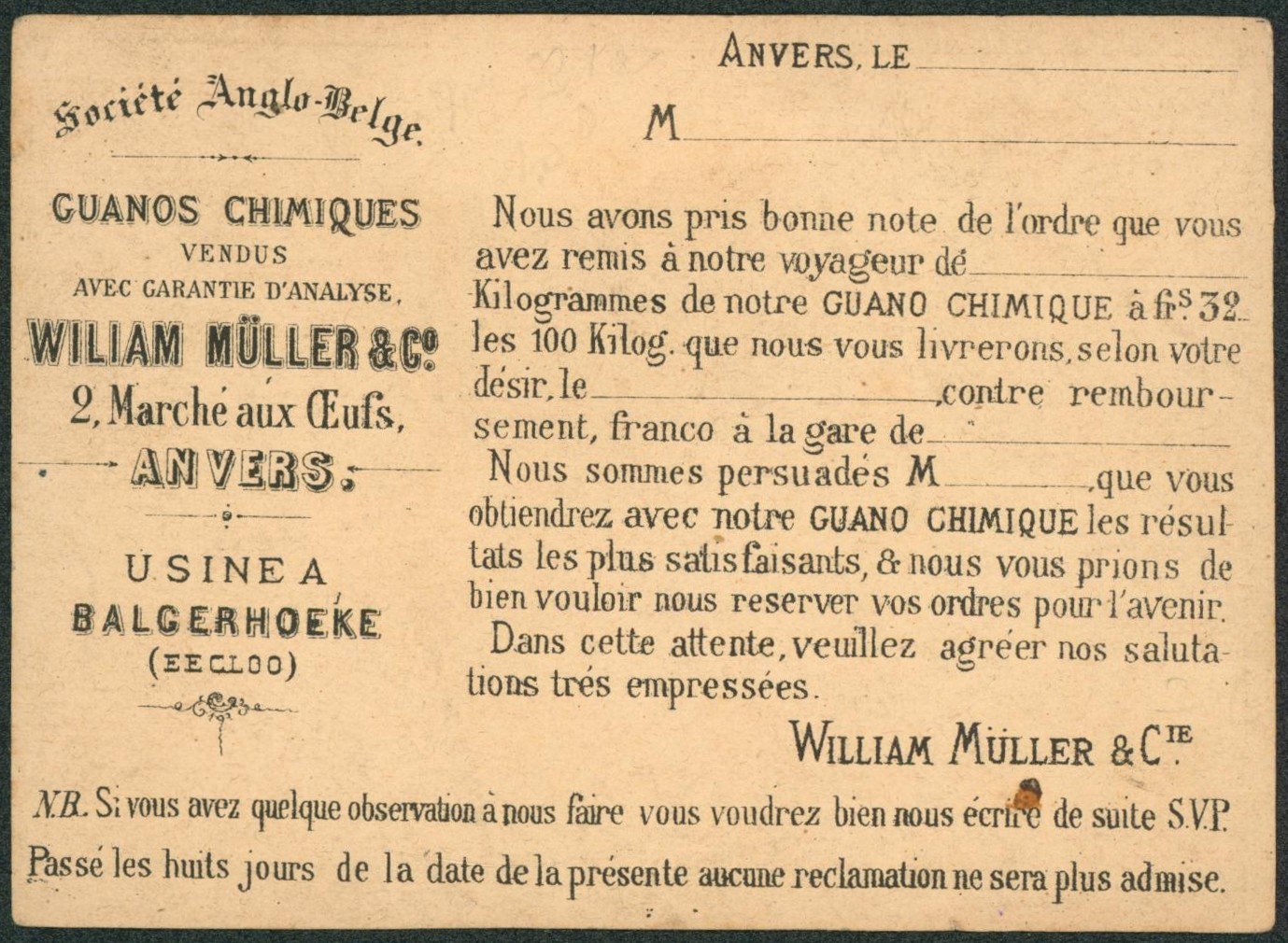 EP au type 5ctm gris (SBEP n°2) neuf + repiquage "Société Anglo-Belge GUANOS CHIMIQUES" (Anvers, usine à Eecloo).