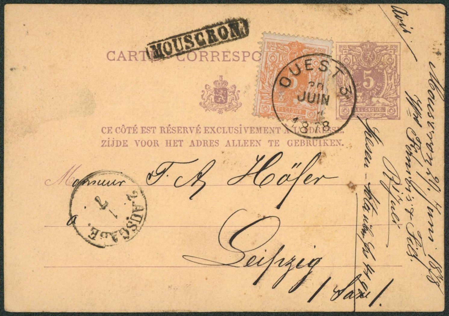 EP au type 5ctm mauve + n°28 obl ambulant Ouest 3 (3 plat) + griffe encadrée MOUSCRON > Leipzig (Allemagne). TB