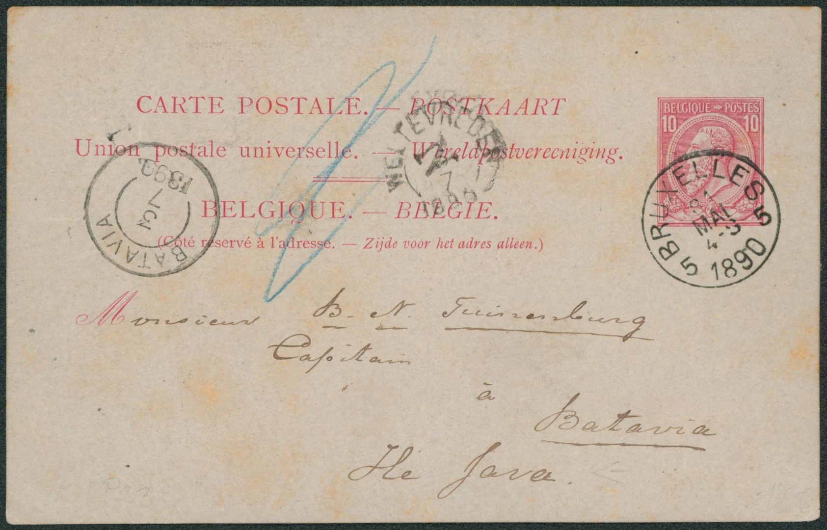 EP au type 10ctm rose obl simple cercle "Bruxelles" > Batavia (Ile Java) via Weltevreden / Destination.