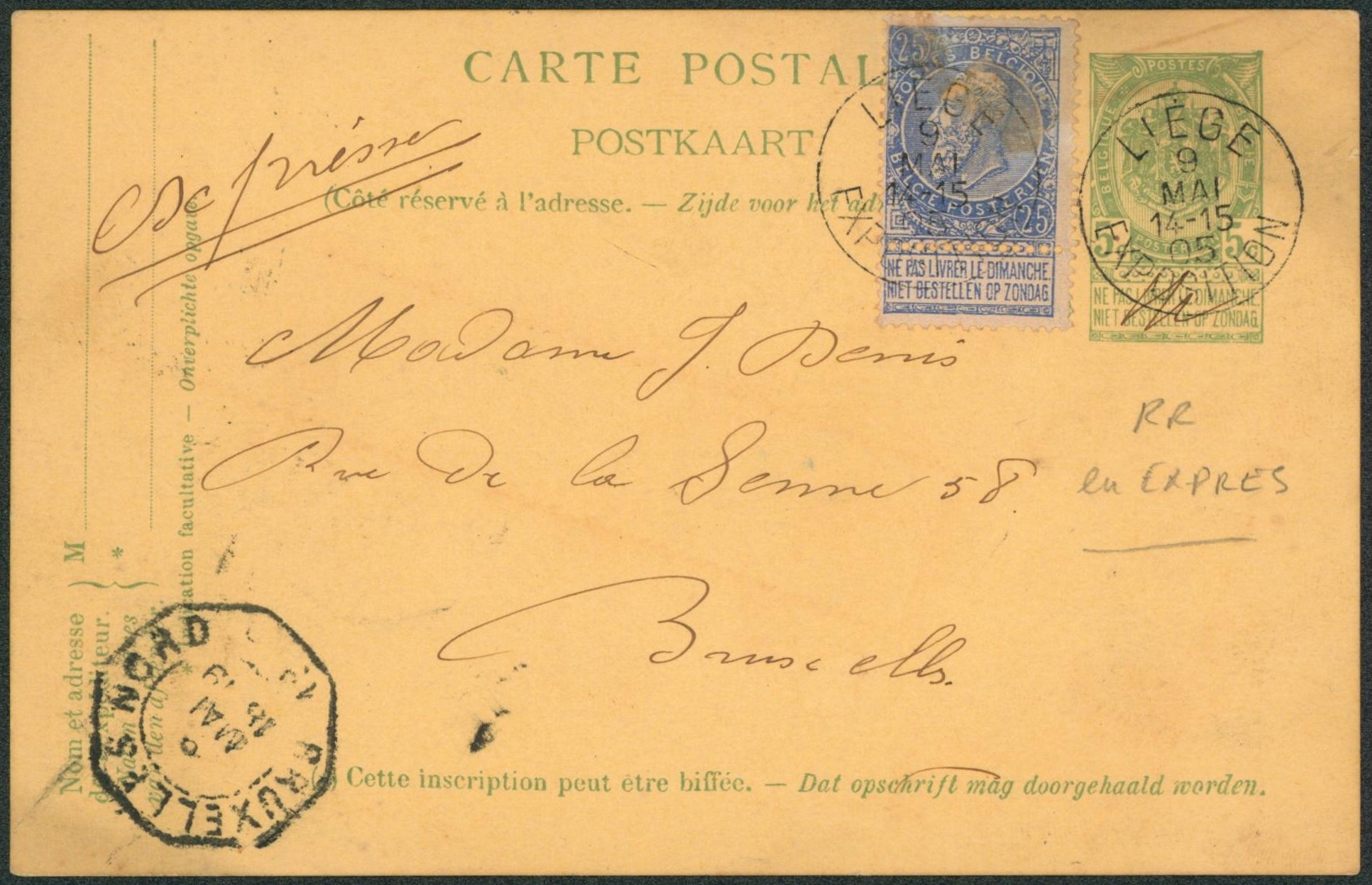 EP au type 5ctm vert + n°60 en expres obl simple cercle "Liège / exposition" > Bruxelles. Pas courant en expres !