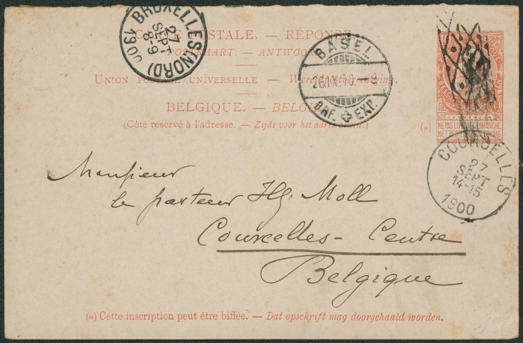 EP au type 10ctm orange (réponse) de Basel (Suisse) + annulation à la roulette > Courcelles-motte via Bruxelles.