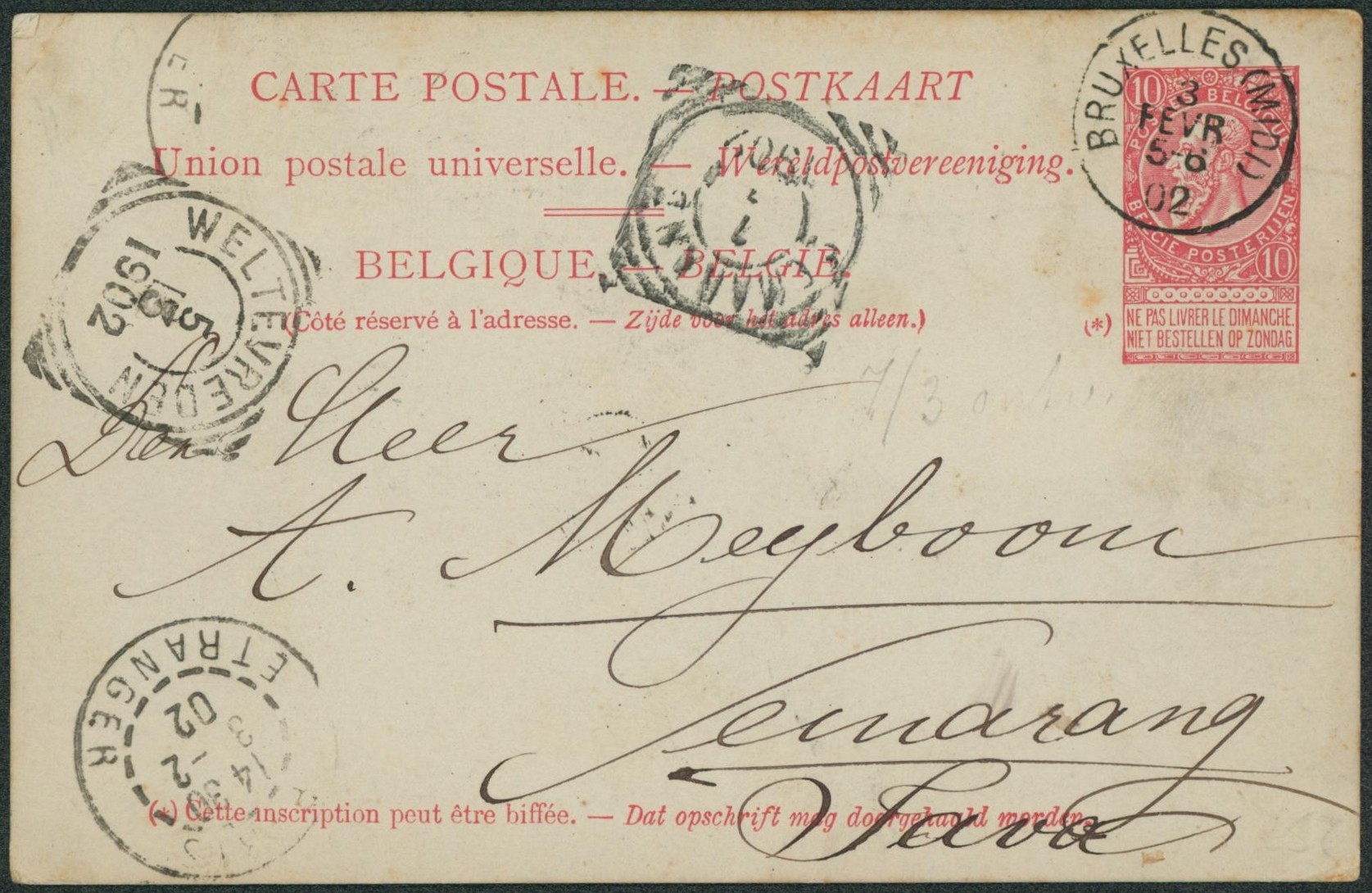 EP au type 10ctm rouge obl simple cercle "Bruxelles (midi)" > Semarang (Java, Indes néerlandaises) par voie France-Marseille.