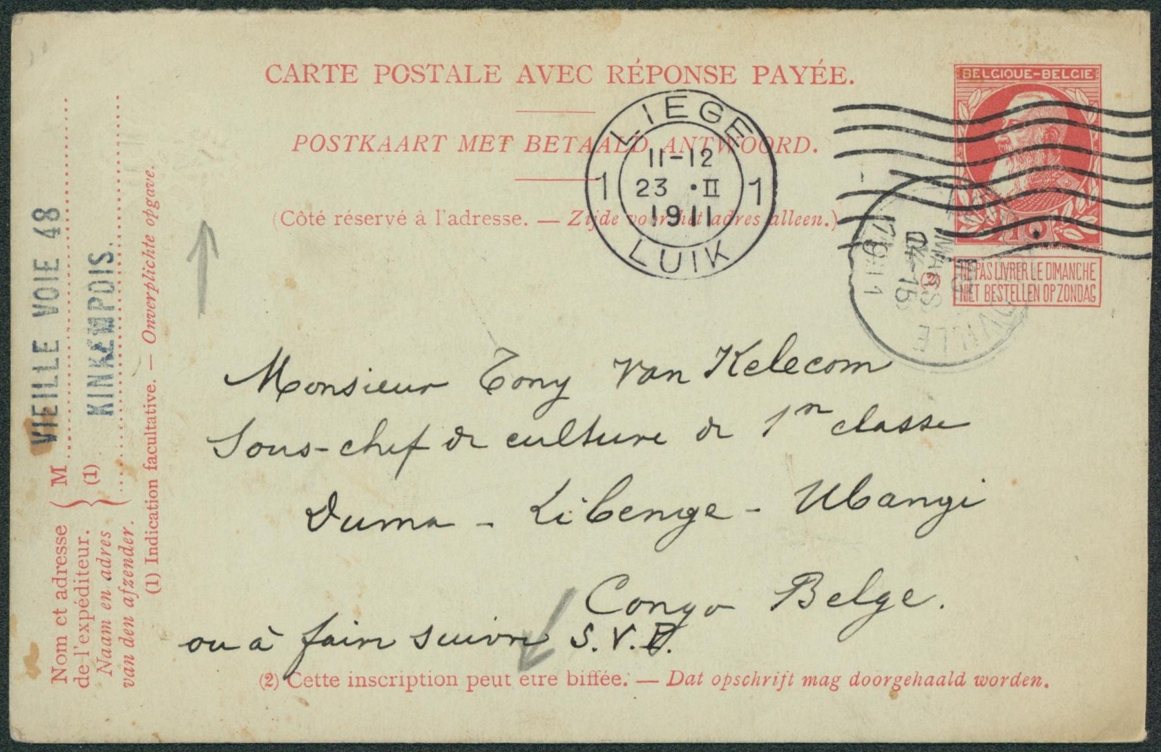 EP au type 10ctm rouge obl simple cercle "Liège / Luik" > Duma - Libenge - Ubangi (Faire suivre, Congo Belge).