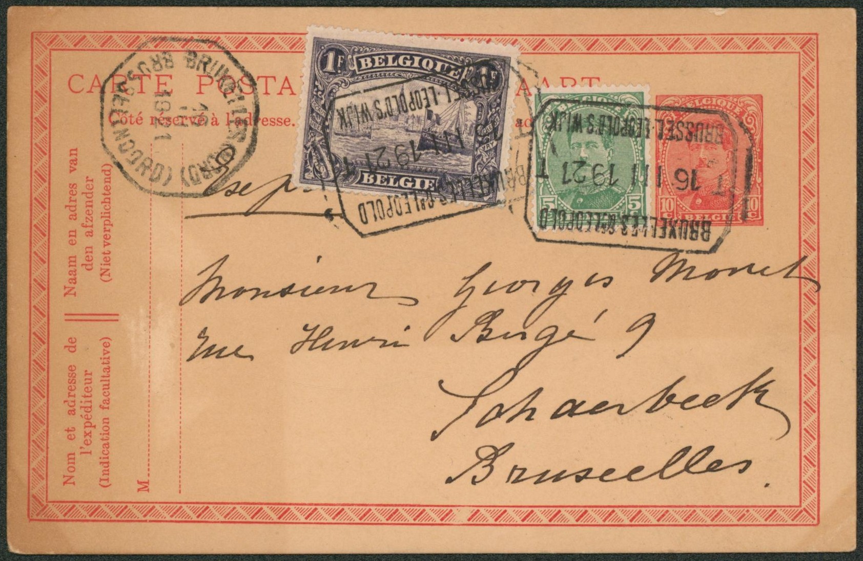 EP au type 10ctm rouge Albert I + n°137 et 145 en expres çàd obl télégraphe-téléphone "Bruxelles-Léopold" > Schaerbeek.