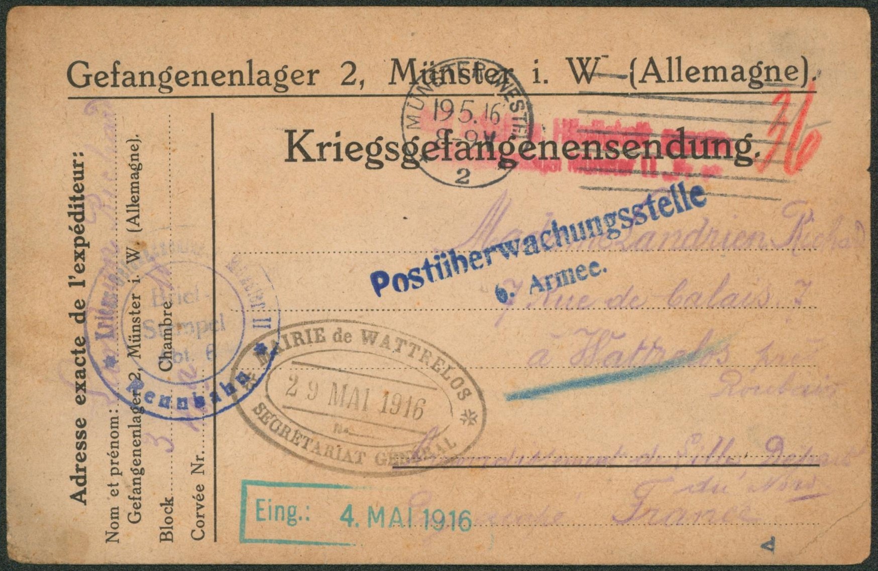 Kriegsgefangenensendun du camp de Munster + censure du camp et griffe 6. Armee > Wattrelos + cachet de la mairie.