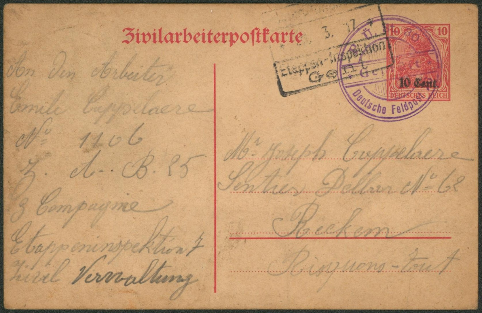 Zivilarbeiterpostkarte annulé par cachet gepruft "P.U.St. 30 / Deutsche feldpost" > Reckem (risquons-tout, mouscron).