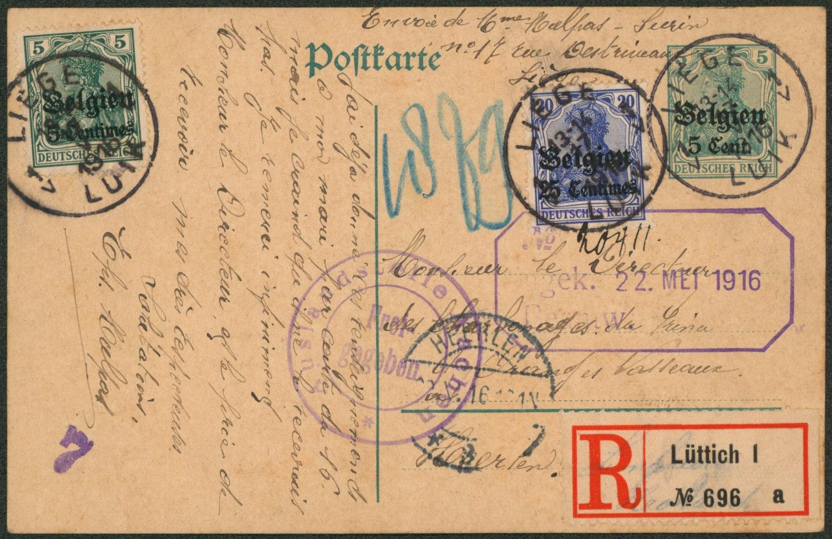 EP au type 5ctm vert + OC2 et OC4 en recommandé de Luttich > Heerlen (Pays-Bas).