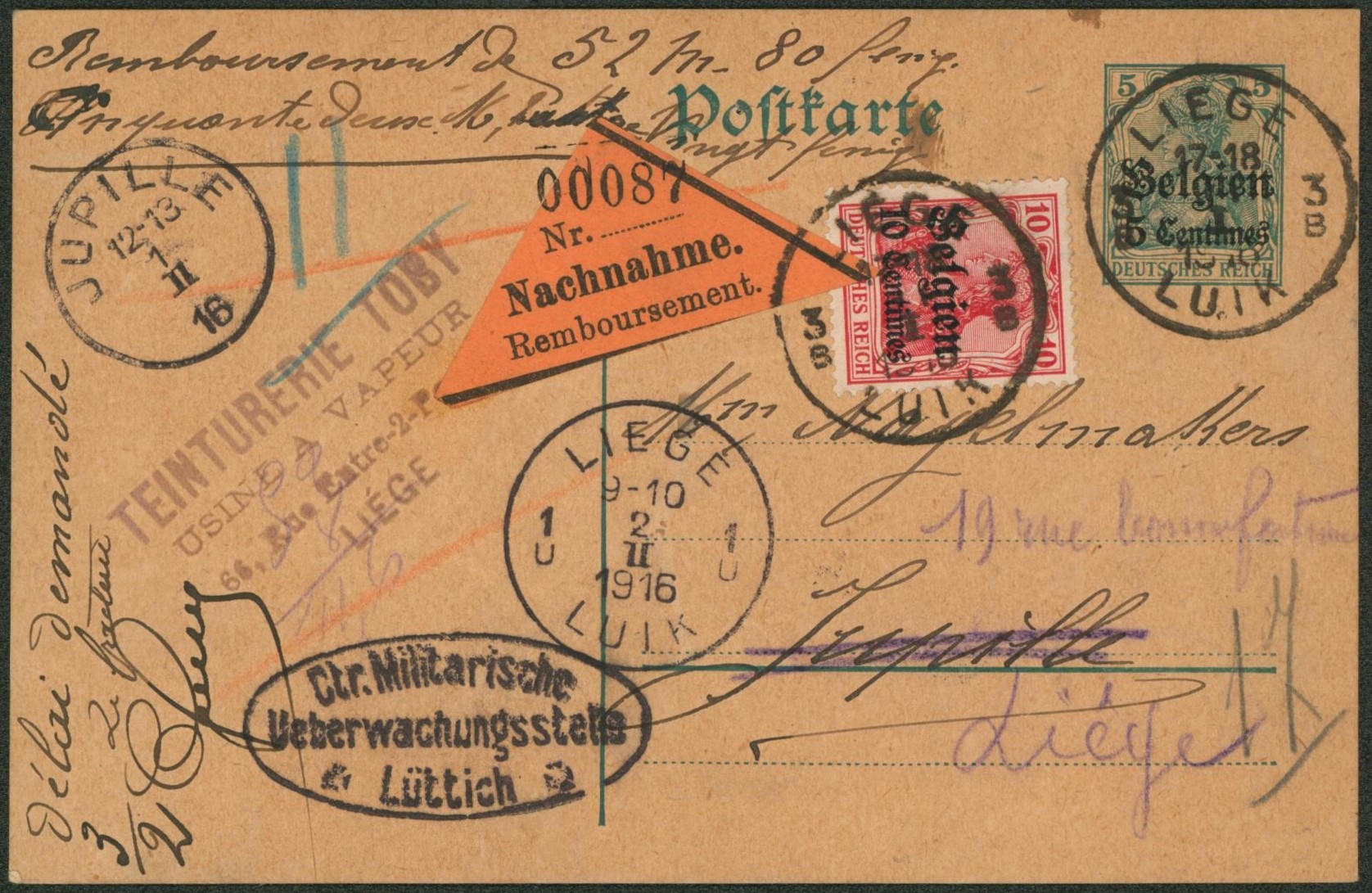 EP au type 5ctm vert + OC3 expédié de Liège contre remboursement de 52M > Jupille, délai demandé, retour à Liège.